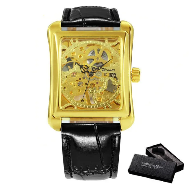 WINNER Retro Ladies Mechanical Watch Men Women Wristwatches Skeleton Rectangle Watches Leather Strap Couple Gift for Lover