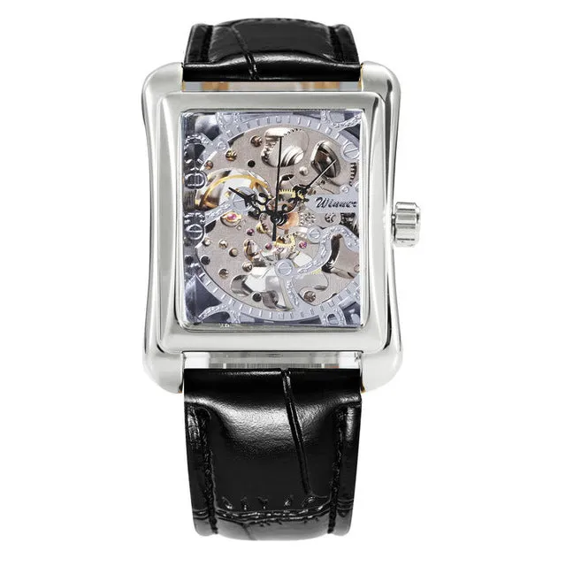 WINNER Retro Ladies Mechanical Watch Men Women Wristwatches Skeleton Rectangle Watches Leather Strap Couple Gift for Lover