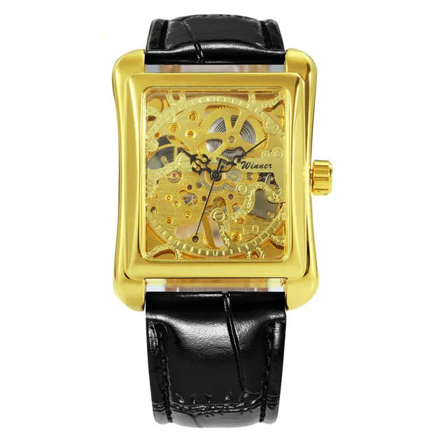 WINNER Retro Ladies Mechanical Watch Men Women Wristwatches Skeleton Rectangle Watches Leather Strap Couple Gift for Lover