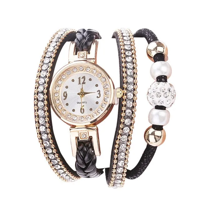 Woman Watch Fashion Leather Band Analog Quartz Round Wrist Watches Rhinestone bracelet watch