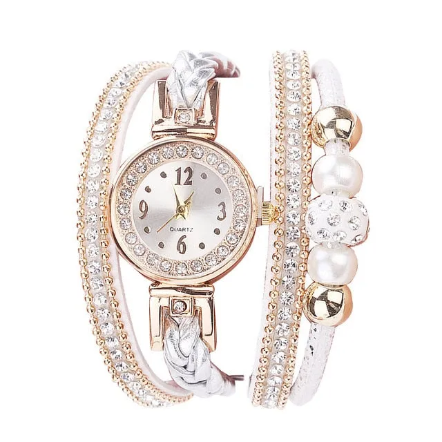 Woman Watch Fashion Leather Band Analog Quartz Round Wrist Watches Rhinestone bracelet watch