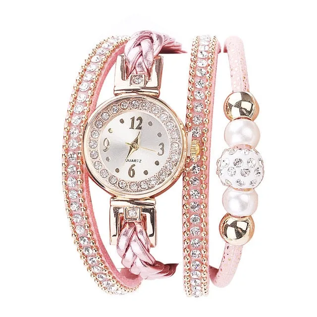 Woman Watch Fashion Leather Band Analog Quartz Round Wrist Watches Rhinestone bracelet watch