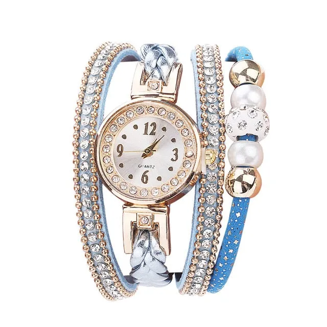 Woman Watch Fashion Leather Band Analog Quartz Round Wrist Watches Rhinestone bracelet watch