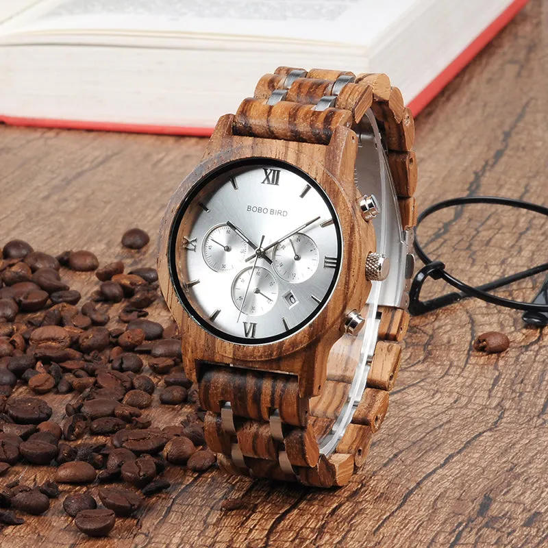 Wooden Mens Watches Newest Luxury Wood Metal Strap Chronograph Date Quartz Watch Luxury Versatile Timepieces